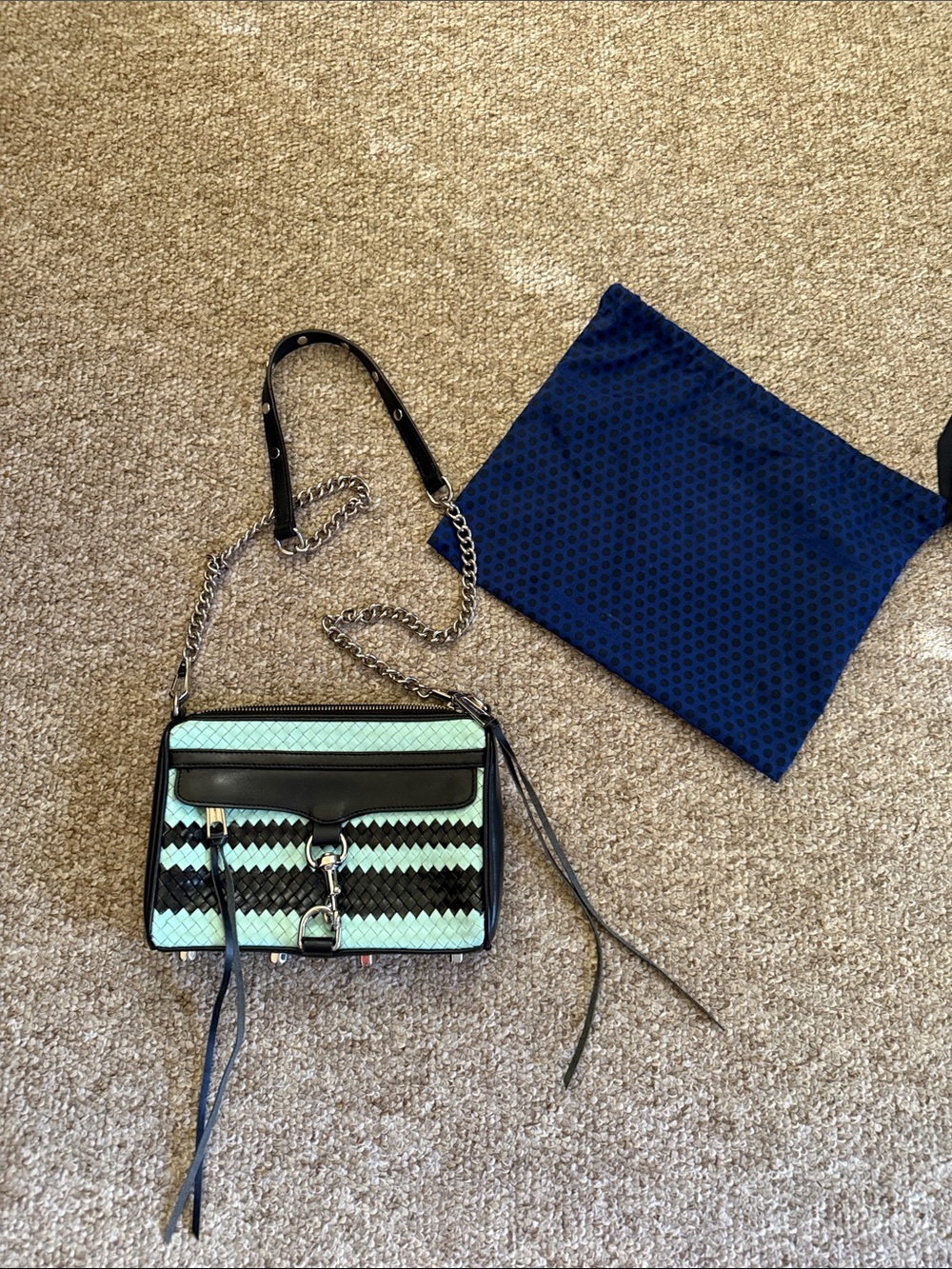 Rebecca Minkoff Mint and Black Woven Crossbody with Chain Strap